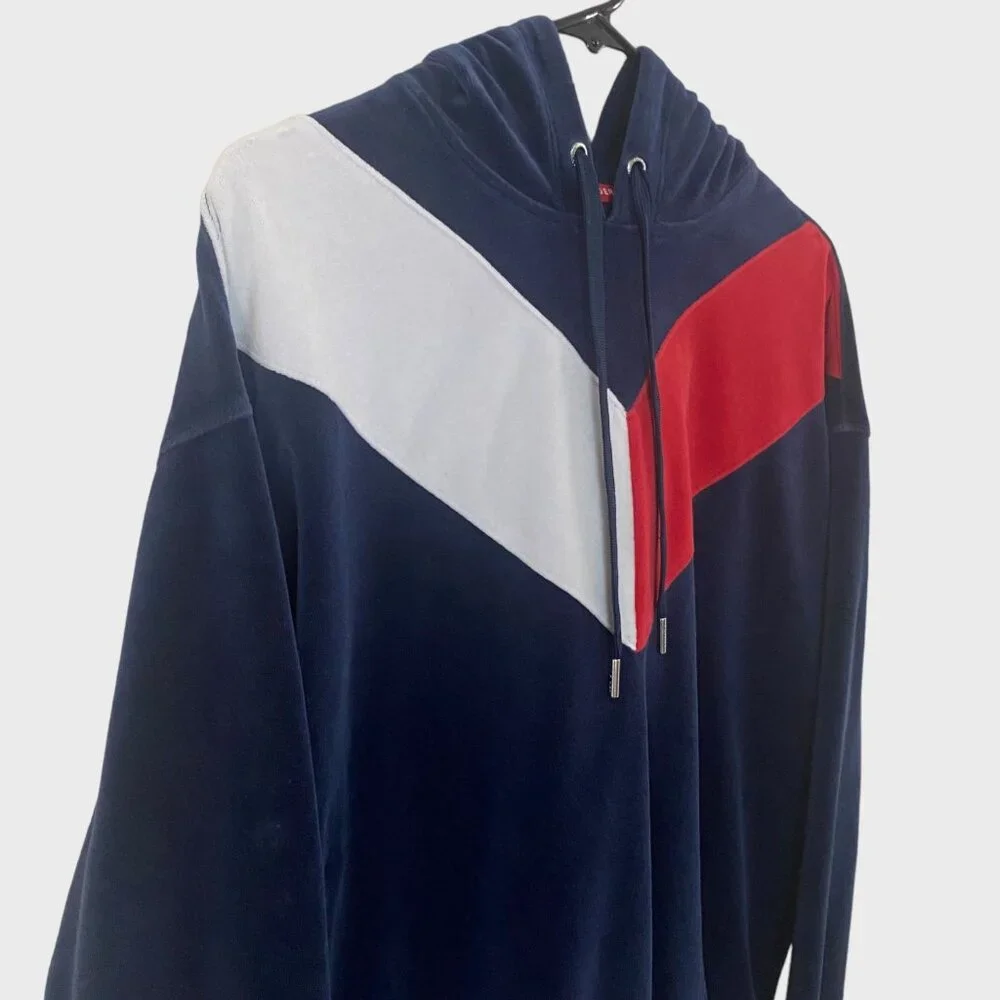Y2K Tommy Hilfiger Sport Velour Chevron Hoodie Sweatshirt Blue Women's Medium - Picture 4 of 13